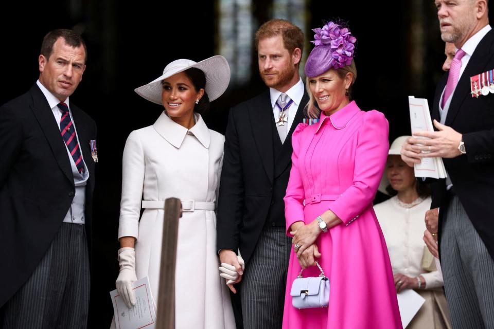 <p>At the Platinum Jubilee, Zara was pictured with Prince Harry and Meghan Markle outside St Paul's Cathedral.</p>