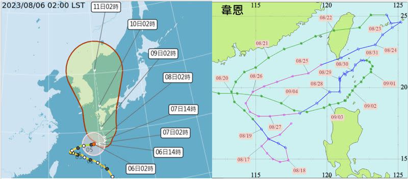 圖：6日2時中央氣象局路徑潛勢預測圖（左圖）顯示，輕颱卡努向東北東移動，6日仍侵襲琉球群島，7日逐漸轉北、8日將撲向九州。日本稱其為第一怪颱，但與「韋恩」（右圖）、「耐特」相比，路徑還算單純。