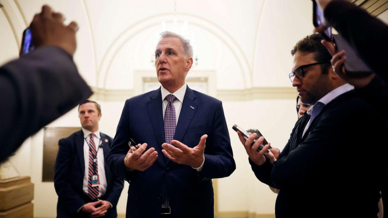 PHOTO: Speaker of the House Kevin McCarthy talks to reporters as the arrives at the Capitol on Sept. 18, 2023 in Washington, DC. (Chip Somodevilla/Getty Images)