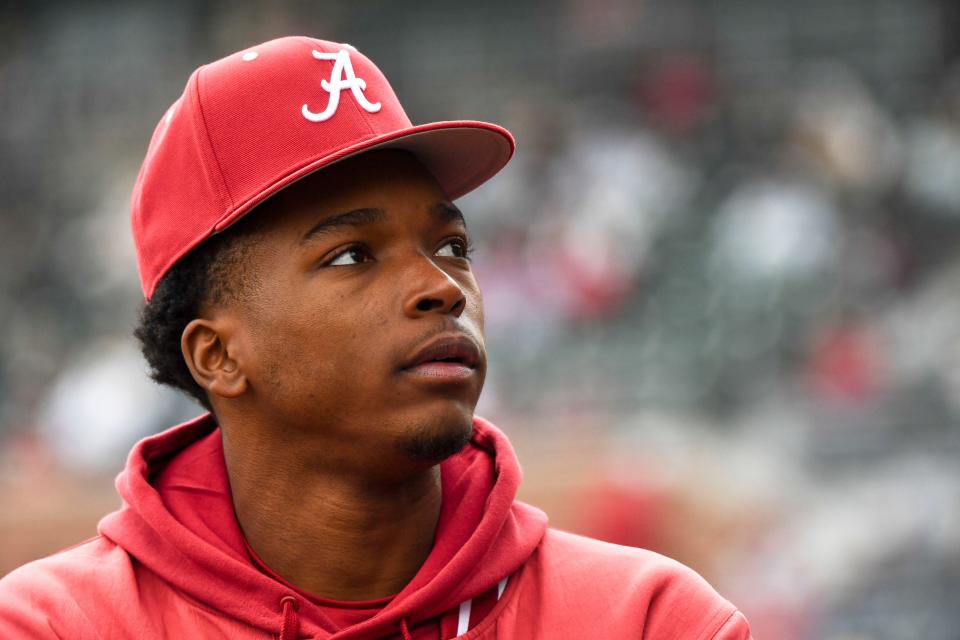 Feb 17, 2024; Tuscaloosa, Alabama, USA; Alabama relief pitcher Alton Davis II looks into the stands between innings of the game with Manhattan at Sewell-Thomas Stadium Saturday.