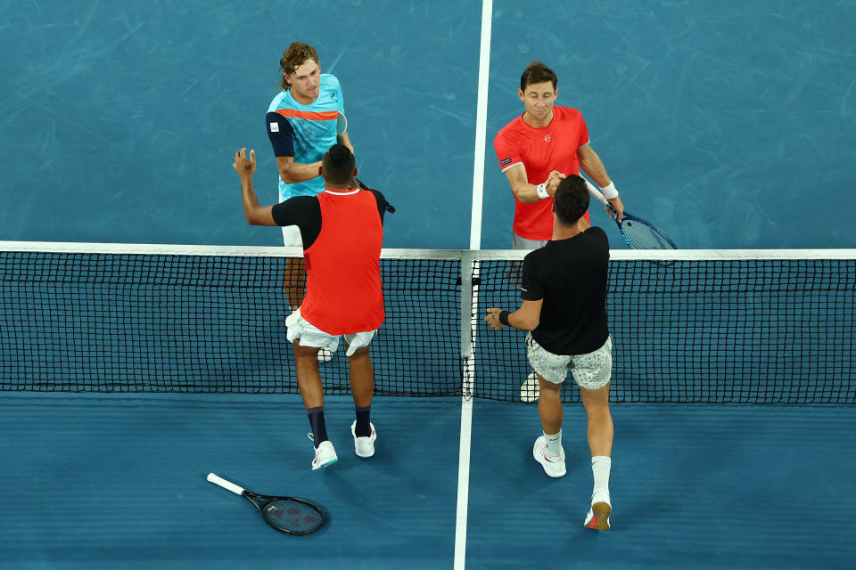 Thanasi Kokkinakis and Nick Kyrgios, pictured here shaking hands with Matt Ebden and Max Purcell after the Australian Open doubles final.