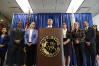 California Attorney General Rob Bonta announces a lawsuit against Amazon during a news conference in San Francisco, Wednesday, Sept. 14, 2022. In an 84-page lawsuit filed Wednesday in San Francisco Superior Court, the California Attorney General's office said Amazon had effectively barred sellers from offering lower prices for products elsewhere through contract provisions that harm the ability of other retailers to compete. (AP Photo/Eric Risberg)