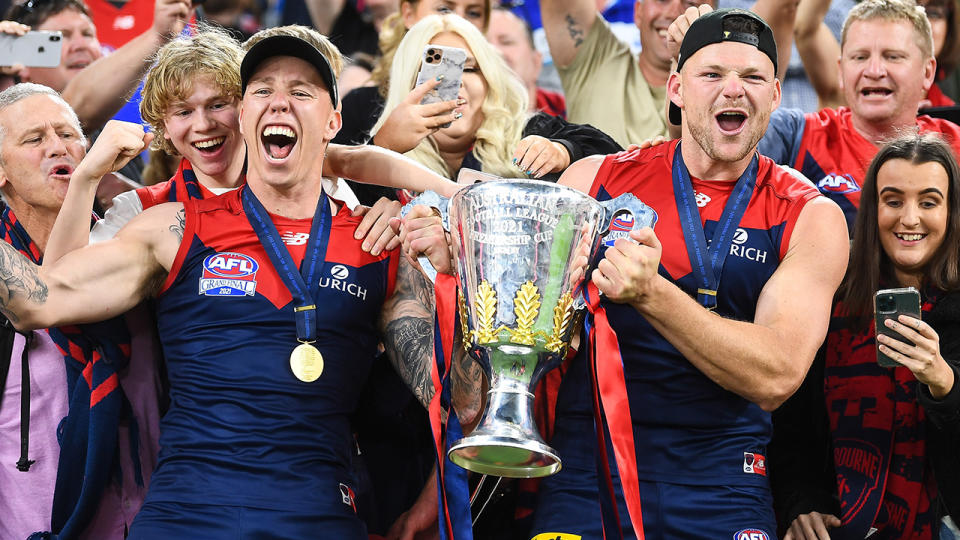 Steven May (right) has been suspended for one game by the Demons for drinking while he was under concussion protocols. (Photo by Daniel Carson/AFL Photos via Getty Images)