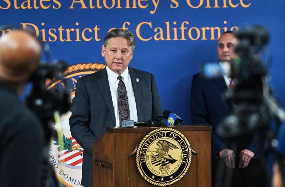 U.S. Attorney Phillip A. Talbert, center, and others announce federal charges against the founders and co-CEOs of Bitwise Industries at a press conference Thursday afternoon, Nov. 9, 2023 in Fresno.