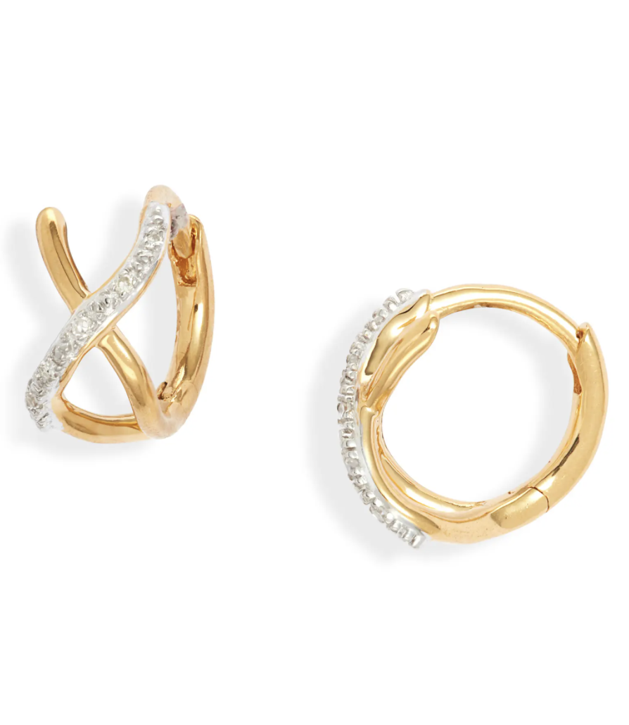 Monica Vinader Riva Cross Diamond Huggie Hoop Earrings in gold and diamonds (Photo via Nordstrom)