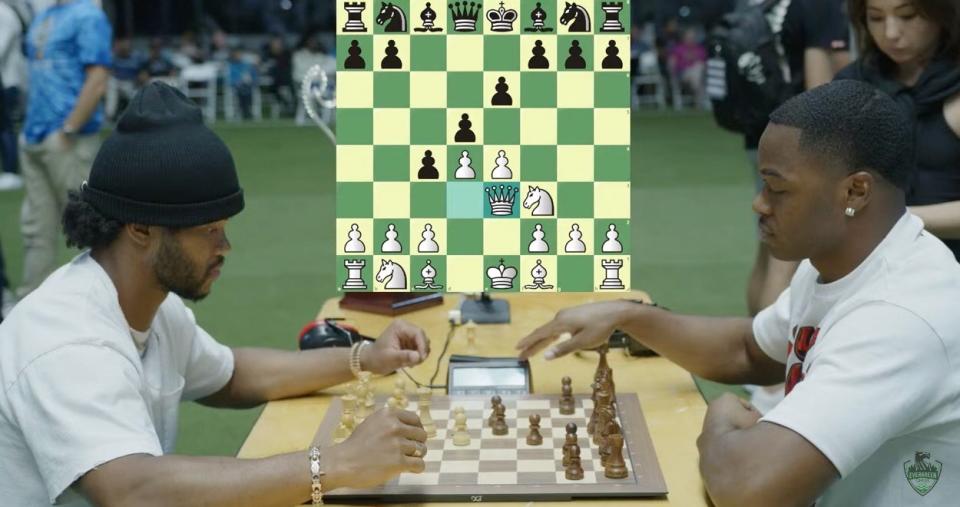 Browns receiver Amari Cooper (right) faces Cardinals quarterback Kyler Murray during an online stream of their Universal Chess Tour match on June 22. (Screenshot via Jori Epstein)