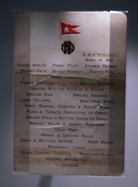 A Titanic 1st class menu is exhibited at the SeaCity Museum's Titanic exhibition on April 3, 2012 in Southampton, England.