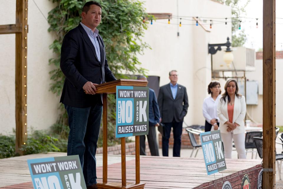 U.S. Rep. Tony Gonzales speaks at a "Vote No on Prop K" rally last Wednesday at the State Line BBQ in West El Paso.