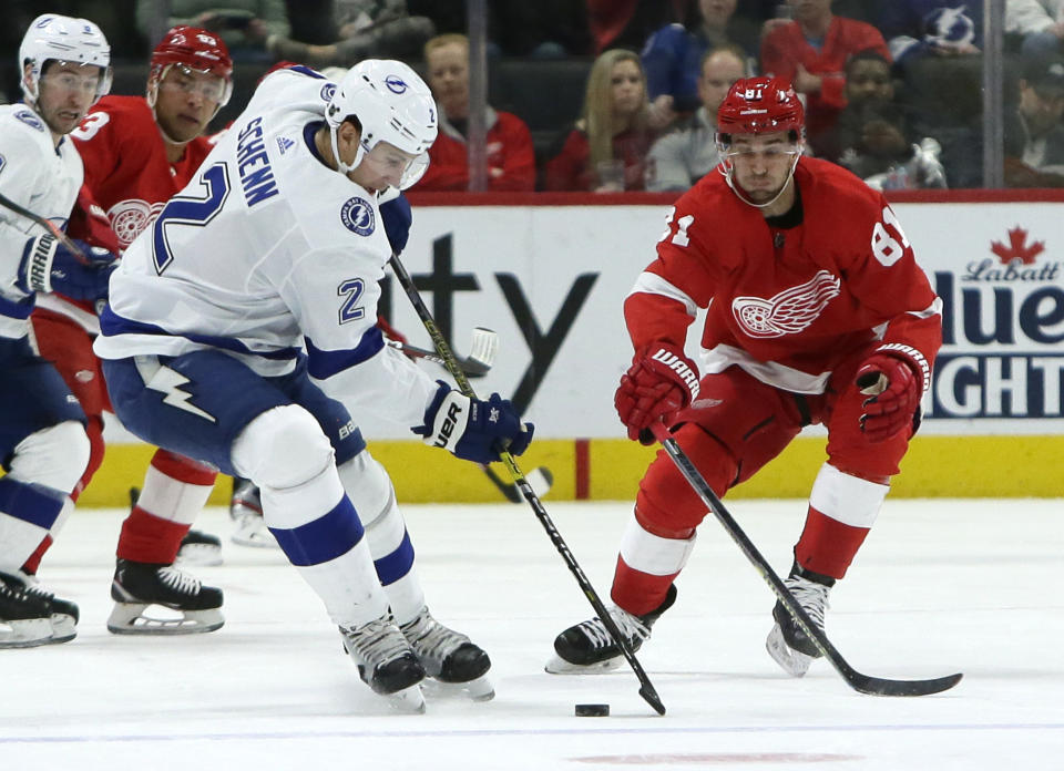 Tampa Bay Lightning defenseman Luke Schenn (2) keeps the puck away from Detroit Red Wings center Frans Nielsen (81) during the first period of an NHL hockey game Sunday, March 8, 2020, in Detroit. (AP Photo/Duane Burleson)