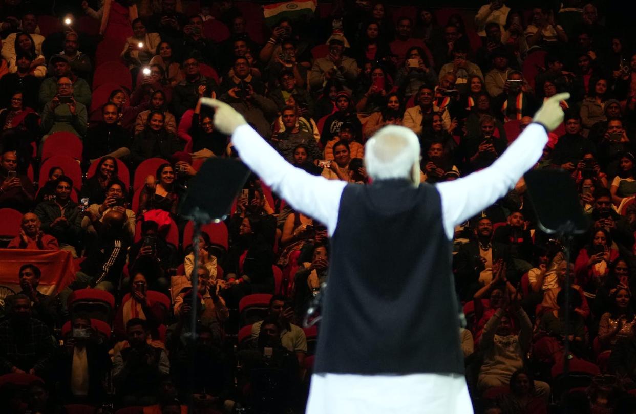 Indian Prime Minister Narendra Modi delivers a speech during an event in Sydney, Australia on May 23, 2023. (AP Photo/Mark Baker)