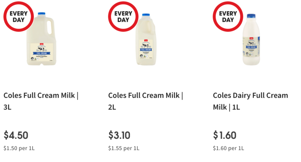 Coles milk prices