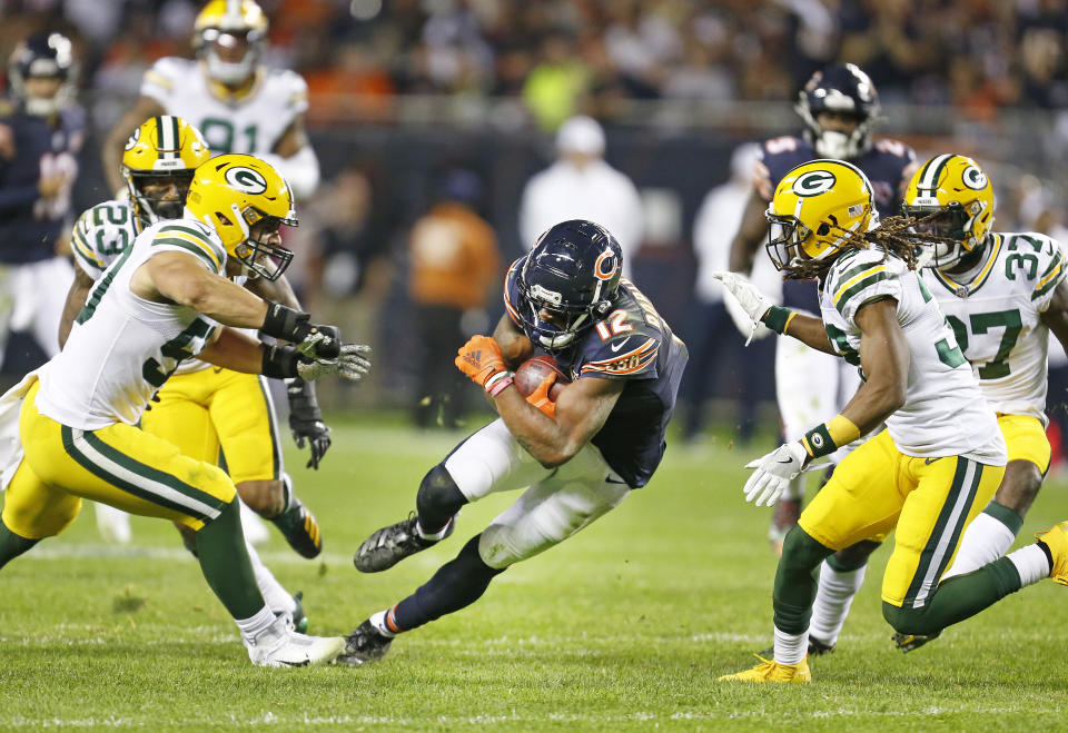 Allen Robinson #12 of the Chicago Bears runs with the ball during the game against the Green Bay Packers at Soldier Field on September 05, 2019 in Chicago, Illinois. (Photo by Nuccio DiNuzzo/Getty Images)