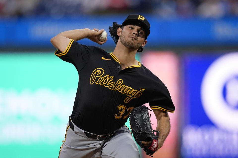 Pittsburgh Pirates' Jared Jones pitches during the first inning of a baseball game against the Philadelphia Phillies, Thursday, April 11, 2024, in Philadelphia. (AP Photo/Matt Rourke)