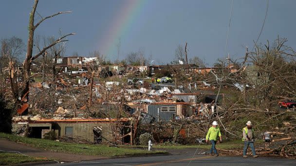 PHOTO: A rainbow shines amidst the remains of a neighborhood damaged by a tornado on March 31, 2023, in Little Rock, Arkansas. (Benjamin Krain/Getty Images)