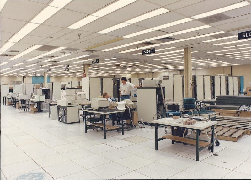 A photo of a test berth where customer image generators were evaluated before site installation, circa mid-to-late 1980s. “You can see the size and length of these systems,” Hichborn told me, “and the amount of hardware in each rack was mind-boggling. 80- and 300-MB disc packs were the storage medium, with smaller system updates done with magnetic tapes.”