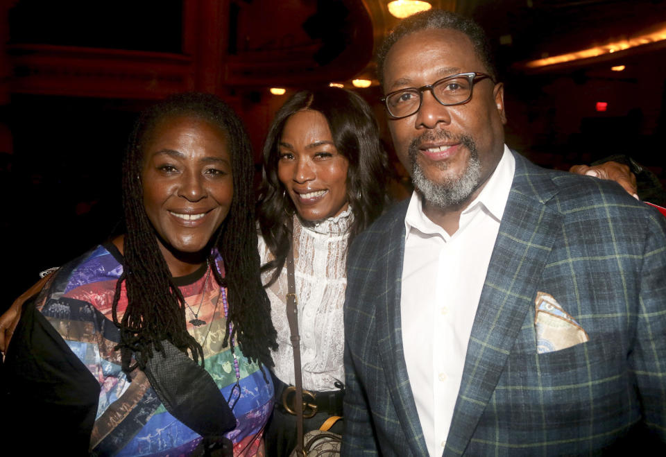 <p>Angela Bassett joins stars Sharon D. Clarke and Wendell Pierce after seeing their performance on Broadway in <em>Death of a Salesman</em> at the Hudson Theatre on Sept. 18.</p>