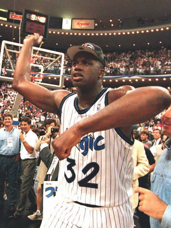Shaquille O'Neal leaves the court after his team defeated the Indiana Pacers in game seven of the Eastern Conference Finals, June 4, at the Orlando Arena. O'Neal scored twenty-five points as the Magic clinched the Eastern Conference Title with a 105-81 victory. (CALVIN KNIGHT/AFP/Getty Images)