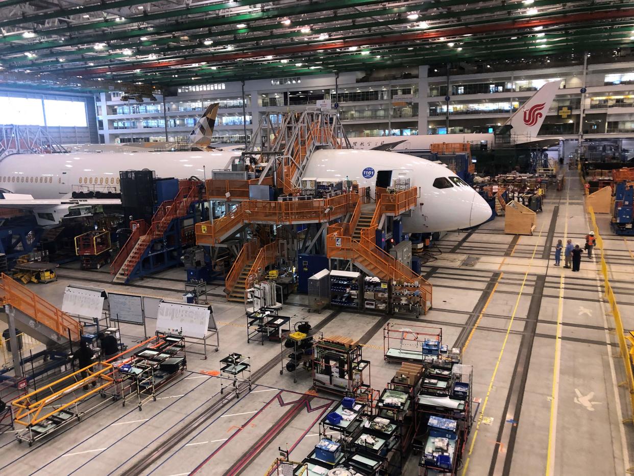 Boeing 787 Dreamliners are built at the aviation company's North Charleston, South Carolina, assembly plant on May 30, 2023. The plant is located on the grounds of the joint-use Charleston Air Force Base and Charleston International Airport. (Photo by Juliette MICHEL / AFP) (Photo by JULIETTE MICHEL/AFP via Getty Images)