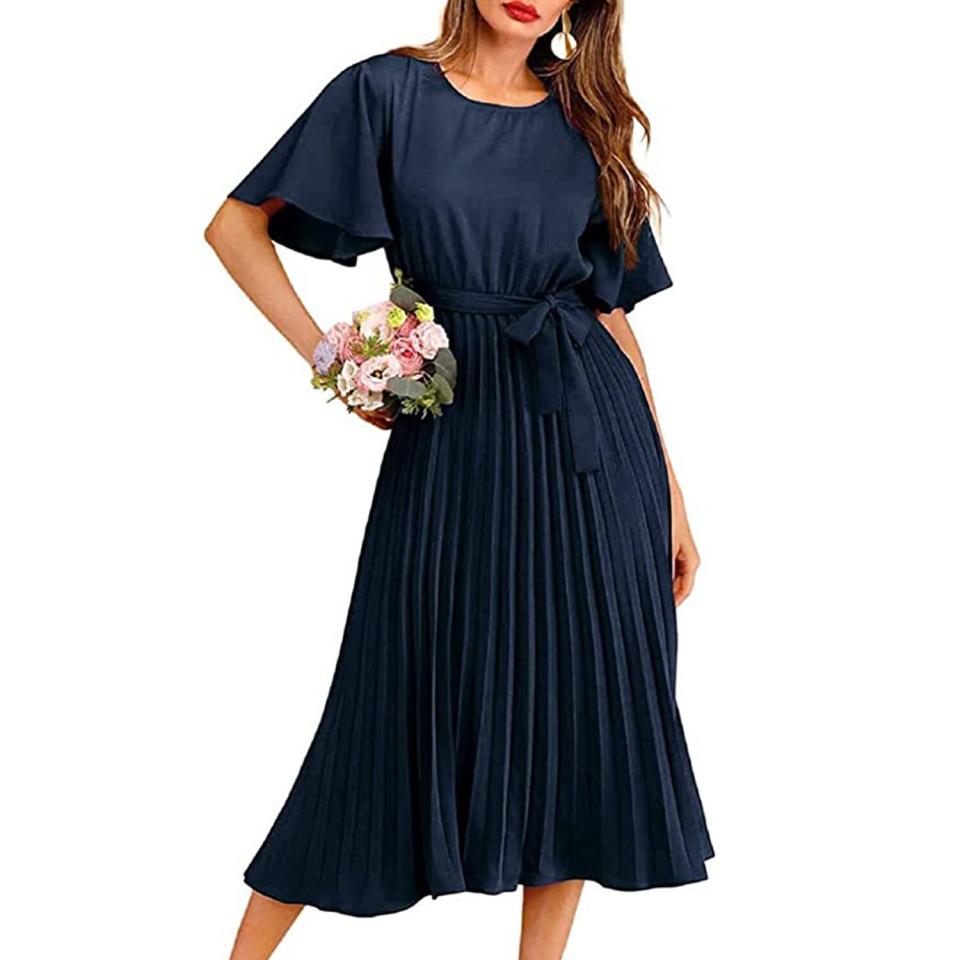 Milumia Women's Elegant Belted Pleated Flounce Sleeve Long Dress