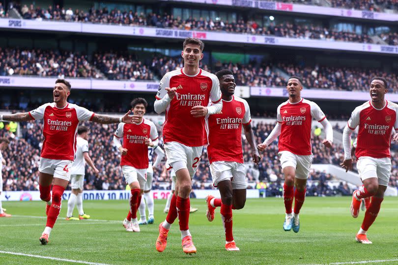 Kai Havertz of Arsenal celebrates scoring their teams third goal during the Premier League match between Tottenham Hotspur and Arsenal FC at Tottenham Hotspur Stadium