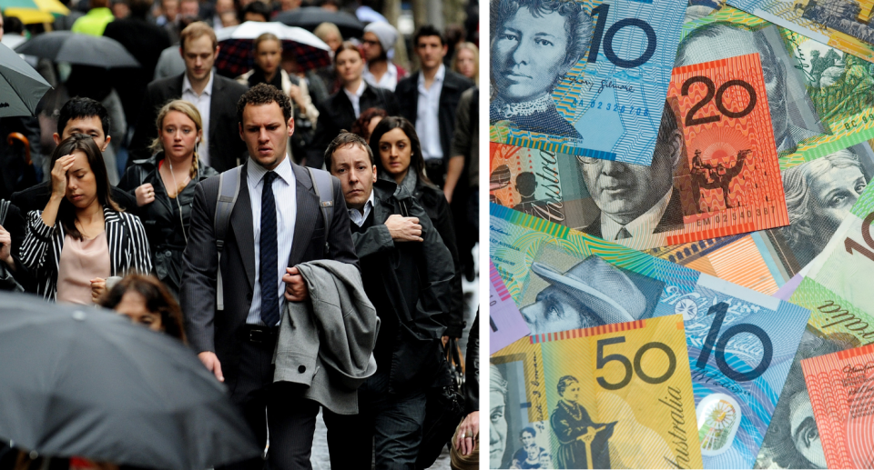 Australian walking in the city. Australian money notes. Bill stress concept.