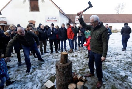 Czech presidential candidate Jiri Drahos cuts wood during a campaign ahead of an election run-off on January 26-27, at a farm near the town of Kamenny Ujezd, Czech Republic January 19, 2018. Picture taken January 19, 2018.  REUTERS/David W Cerny