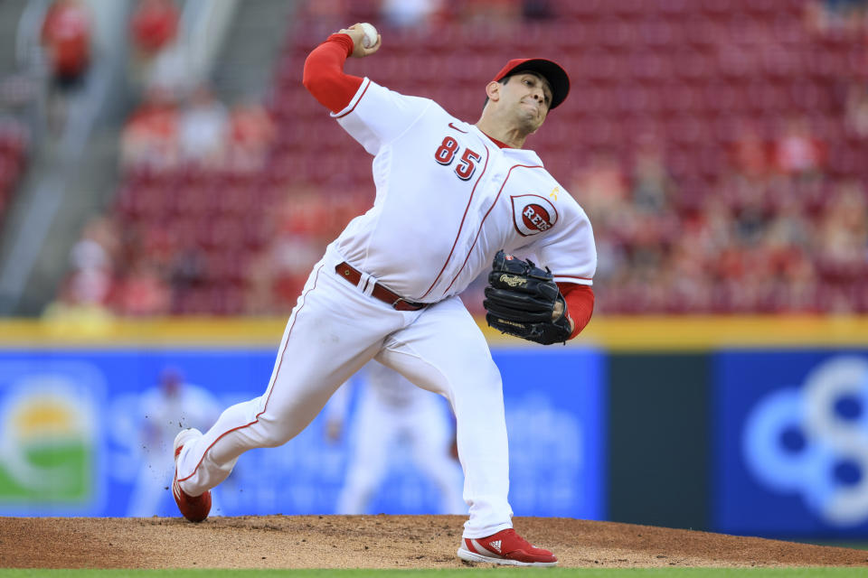 Cincinnati Reds' Luis Cessa throws during the first inning of the team's baseball game against the Colorado Rockies in Cincinnati, Friday, Sept. 2, 2022. (AP Photo/Aaron Doster)