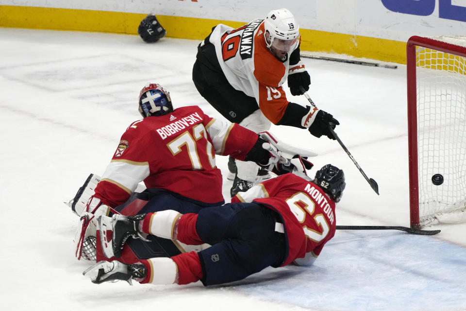 Philadelphia Flyers right wing Garnet Hathaway (19) scores a goal past Florida Panthers goaltender Sergei Bobrovsky (72) during the third period of an NHL hockey game, Thursday, March 7, 2024, in Sunrise, Fla. (AP Photo/Lynne Sladky)