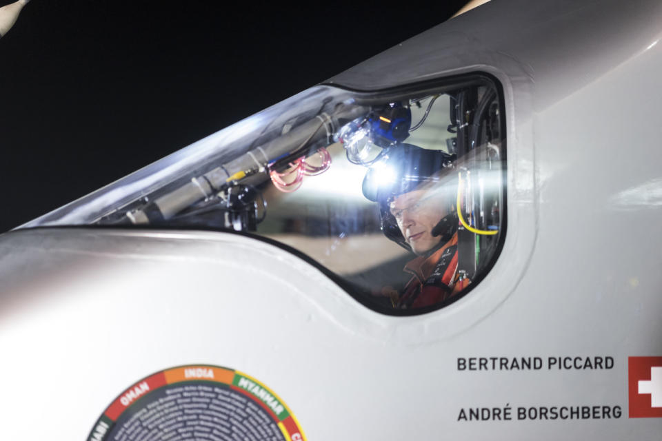 <p>Pilot Bertrand Piccard makes the last checks before part four of Solar Impulse’s global circumnavigation, flying from Varanasi, India to Mandalay, Myanmar. (Solar Impulse/Revillard/Rezo.ch)</p>