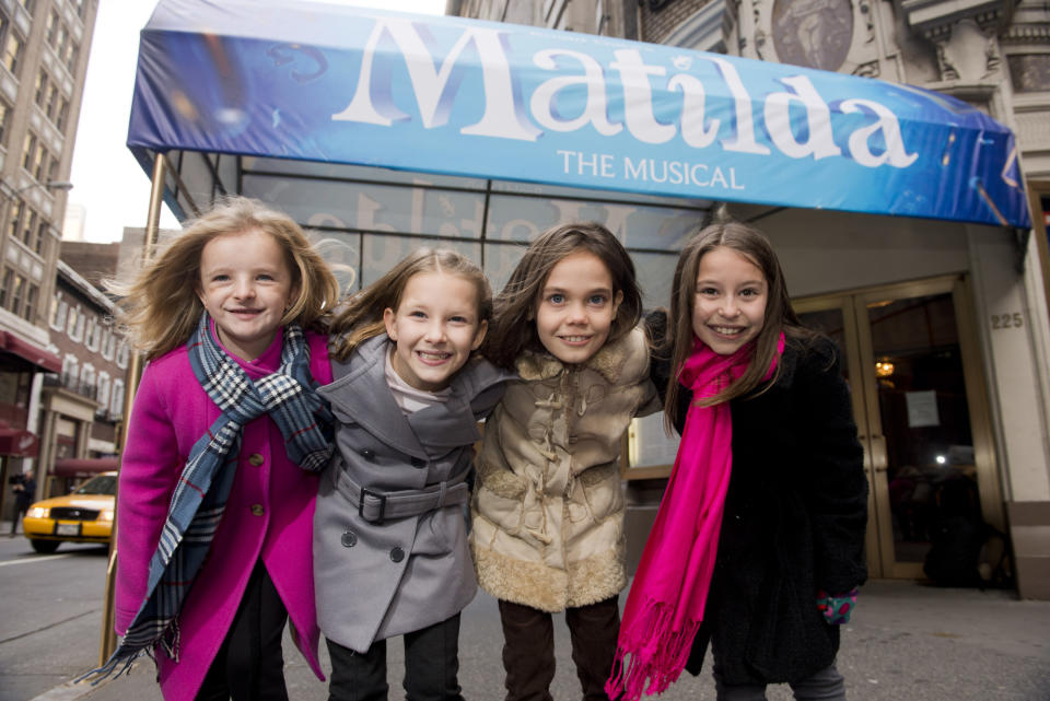 Actresses from left, Milly Shapiro, Sophia Gennusa, Oona Laurence and Bailey Ryon, who will share the starring role in "Matilda the Musical" on Broadway, pose for a portrait outside the Shubert Theatre, on Thursday, Nov. 15, 2012 in New York. (Photo by Charles Sykes/Invision/AP)