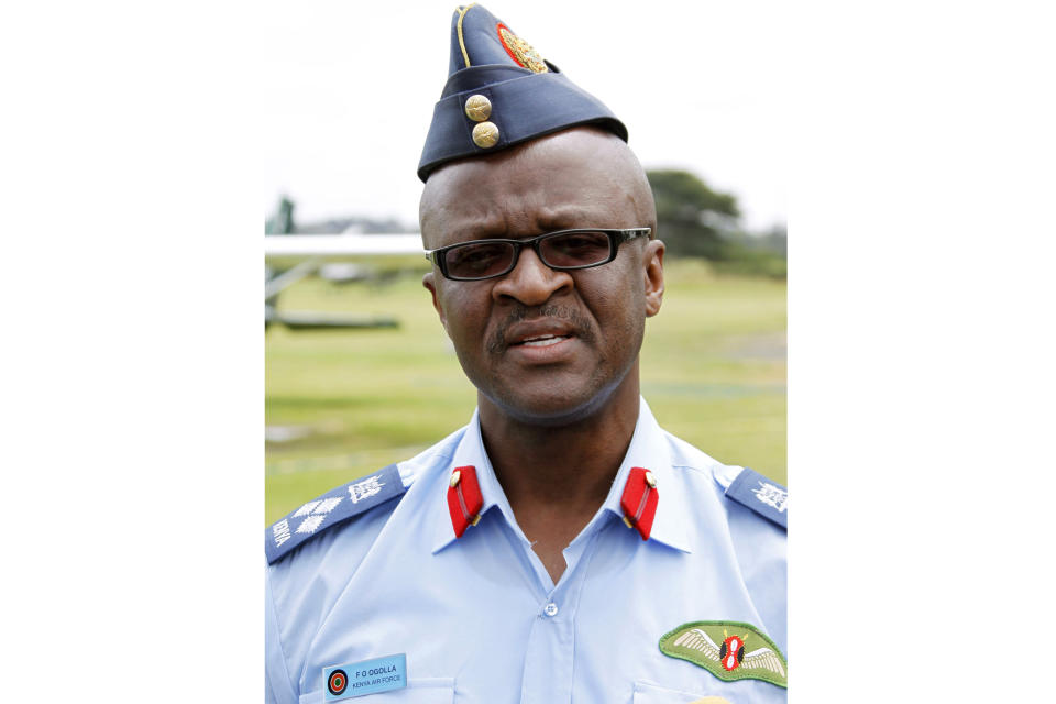 FILE - Kenya Air Force Brigadier Francis Ogolla speaks to journalists in Nyanyuki airstrip, Kenya, Aug. 15, 2012. Ogolla died in a helicopter crash west of the country, President William Ruto announced Thursday, April 18, 2024, evening and declared three days of national mourning. (AP Photo/Khalil Senosi, File)