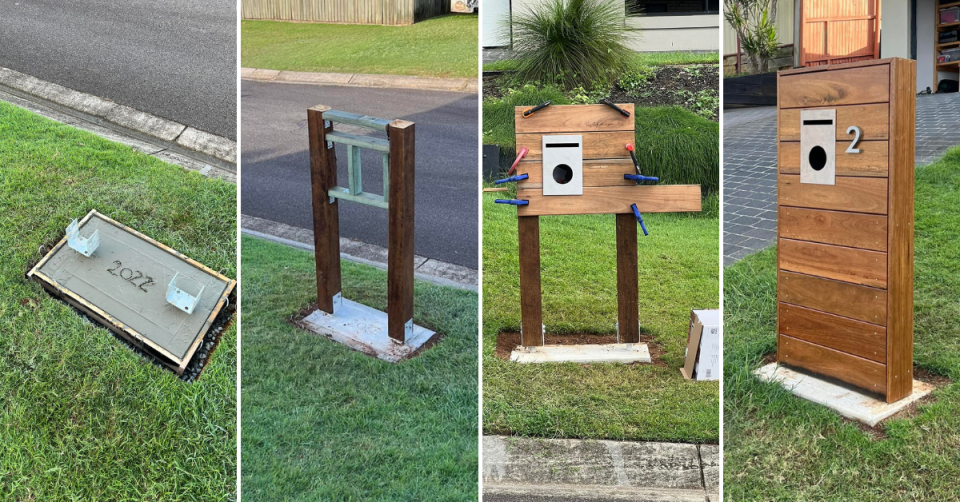 four photos showing the steps to first creating a base for the letterbox, then mounting the frame in steel stirrups, then assembling the panelling with clamps and the finishes product with house number 2 and metal post hole.