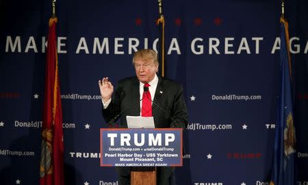 U.S. Republican presidential candidate Donald Trump speaks to supporters at a Pearl Harbor Day rally aboard the USS Yorktown Memorial in Mount Pleasant, South Carolina, December 7, 2015. REUTERS/Randall Hill