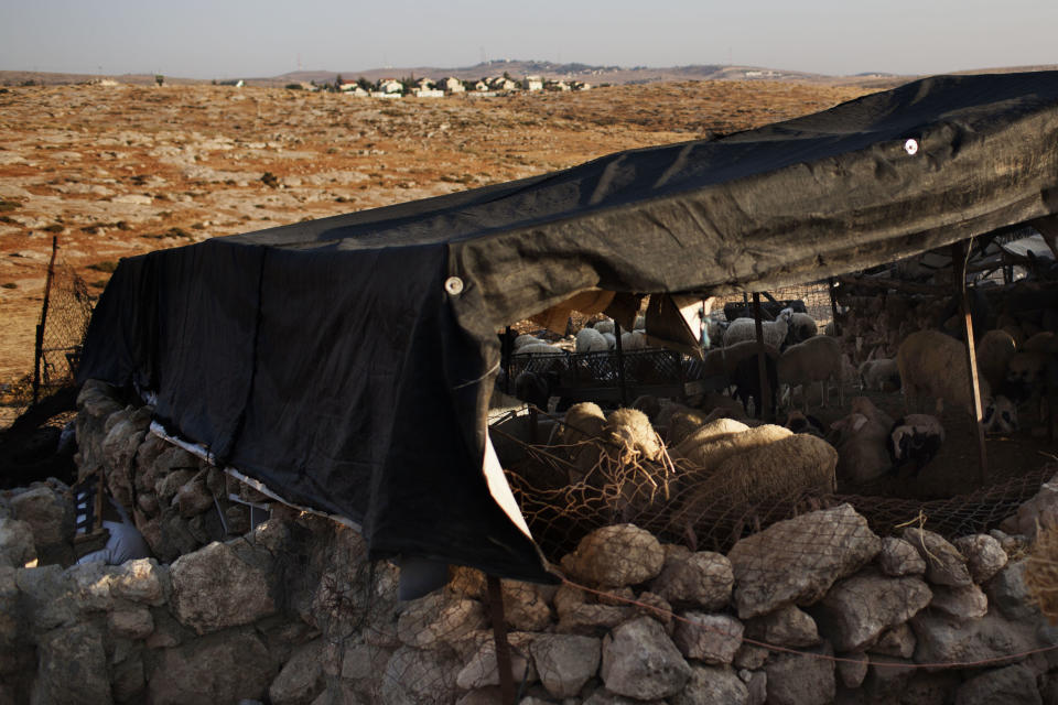 In this Friday June 15, 2012 photo, livestock are seen inside a shed in the West Bank town of Susiya. Palestinian herders in this hamlet have clung to arid acres spread over several West Bank hills for decades, even as Israel forced them to live off the grid while providing water and electricity to nearby Jewish settlements and unauthorized outposts. But the end seems near for Susiya's 200 residents: Citing zoning violations, Israel is threatening to demolish the village, including German-funded solar panels.(AP Photo/Bernat Armangue)