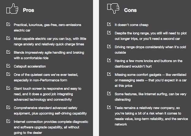 tesla model s pros cons