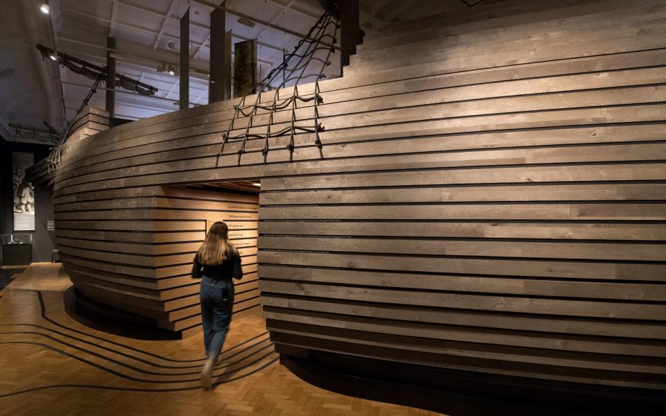 The hull-like structure at the centre of the Mayflower 400: Legend and Legacy exhibition at The Box museum, Plymouth - PA