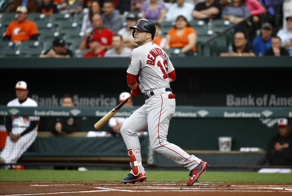 Boston Red Sox’s Andrew Benintendi highlights this week’s look at fantasy risers and fallers (AP Photo).