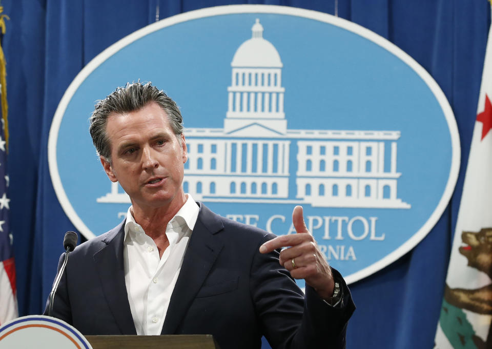 Gov. Gavin Newsom announces that California will spend $20 million on a public awareness campaign about the dangers of vaping nicotine and cannabis products amid a rise in vaping-related illnesses, during a news conference in Sacramento, Calif., Monday, Sept. 16, 2019. (AP Photo/Rich Pedroncelli)