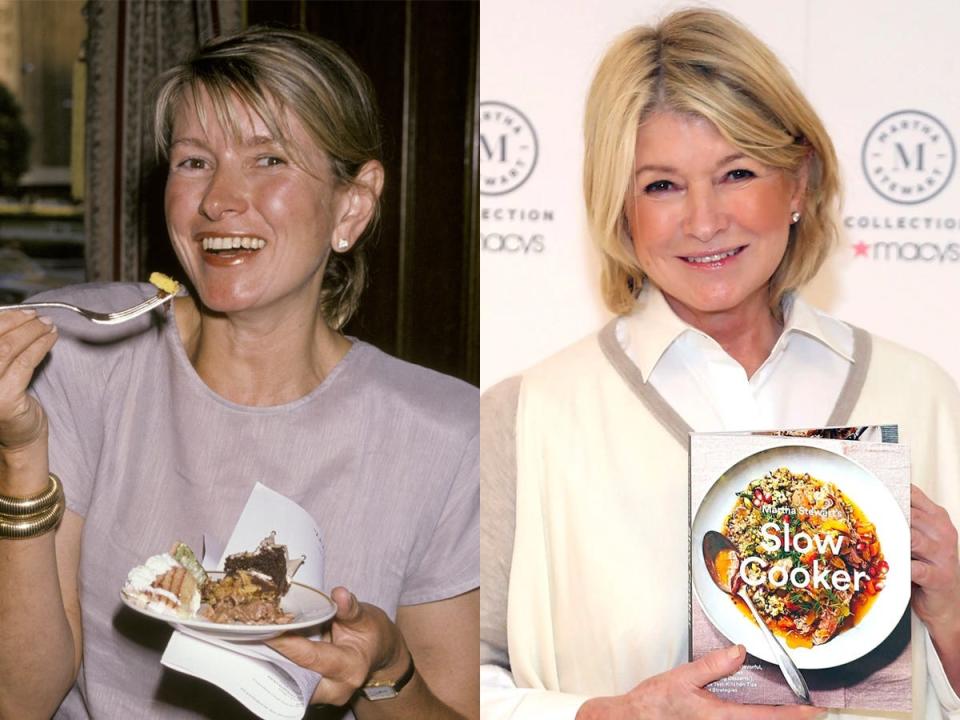 On the left, Martha Stewart eating a cake off a plate. On the right, her holding a cookbook.