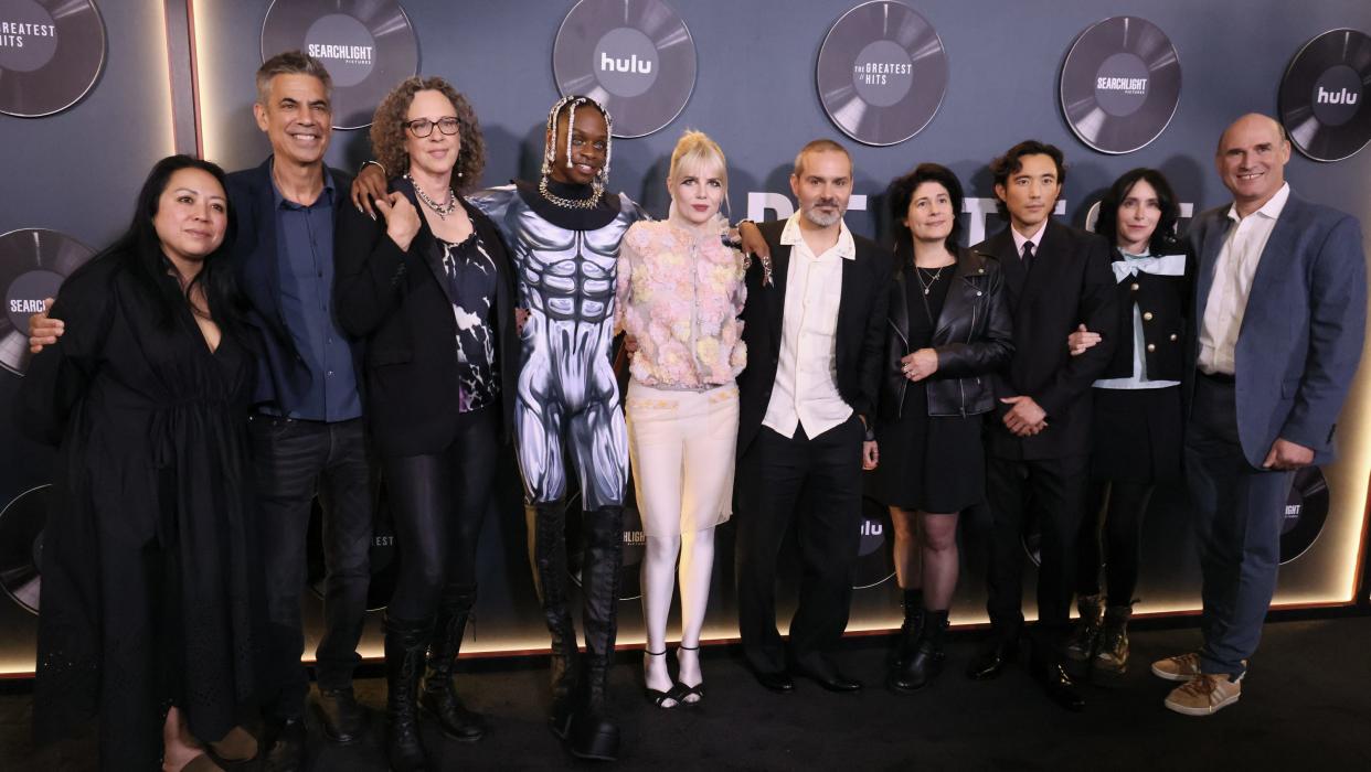 LOS ANGELES, CALIFORNIA - APRIL 15: (L-R) Guest, Michael London, Shannon Gaulding, Austin Crute, Lucy Boynton, Ned Benson, Cassandra Kulukundis, Justin H. Min, Stephanie Davis, and Matthew Greenfield, President, Searchlight Pictures, attend the Los Angeles premiere of Searchlight Pictures' "The Greatest Hits" at El Capitan Theatre on April 15, 2024 in Los Angeles, California. (Photo by Rodin Eckenroth/WireImage)