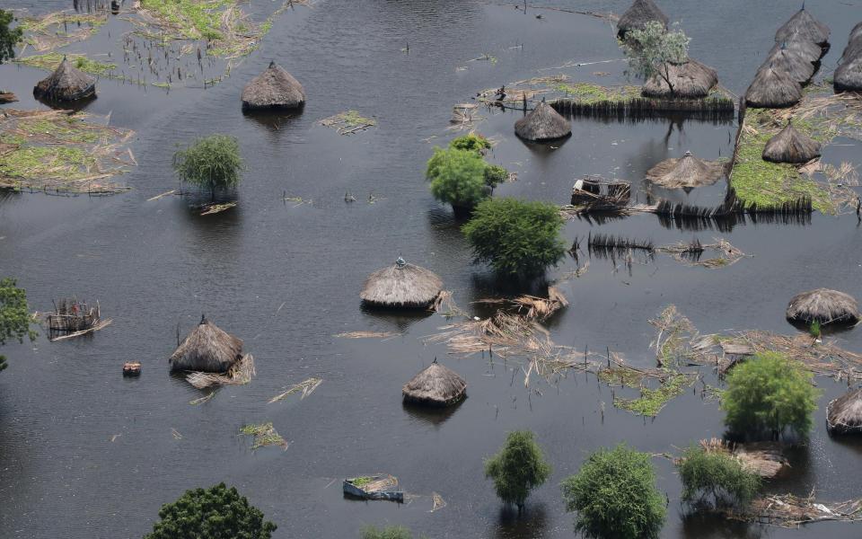 In the Fangak region of Jonglei State, an aerial view of two flooded homesteads with inundated fields of sorghum crops - WFP/Marwa Awad