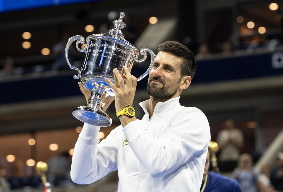 NEW YORK, USA - SEPTEMBER 10: Novak Djokovic of Serbia poses with the championship trophy after winning the final against Daniil Medvedev of US Open Championships at Billie Jean King Tennis Center in New York on September 10, 2023. By winning the US Open Djokovic equaled the record of 24 held by Margaret Court of most Grand Slam victories. (Photo by Lev Radin/Anadolu Agency via Getty Images)