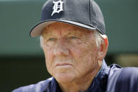 FILE - In this March 18, 2008, file photo, Detroit Tigers Hall of Famer Al Kaline watches a spring training baseball game between the Tigers and the Washington Nationals in Lakeland, Fla. Al Kaline, who spent his entire 22-season Hall of Fame career with the Detroit Tigers and was known affectionately as “Mr. Tiger,” has died. He was 85. John Morad, a friend of Kaline's, confirmed to The Associated Press that he died Monday, April 6, 2020, at his home in Michigan. (AP Photo/Paul Sancya, File)