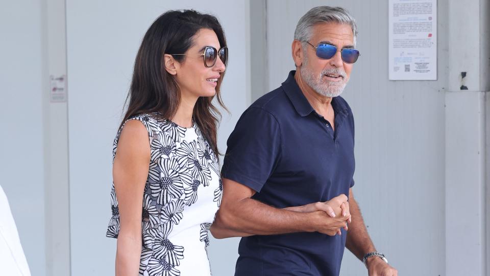 venice, italy august 29 amal clooney and george clooney are seen arriving ahead of the 80th venice international film festival 2023 on august 29, 2023 in venice, italy photo by jacopo raulegc images