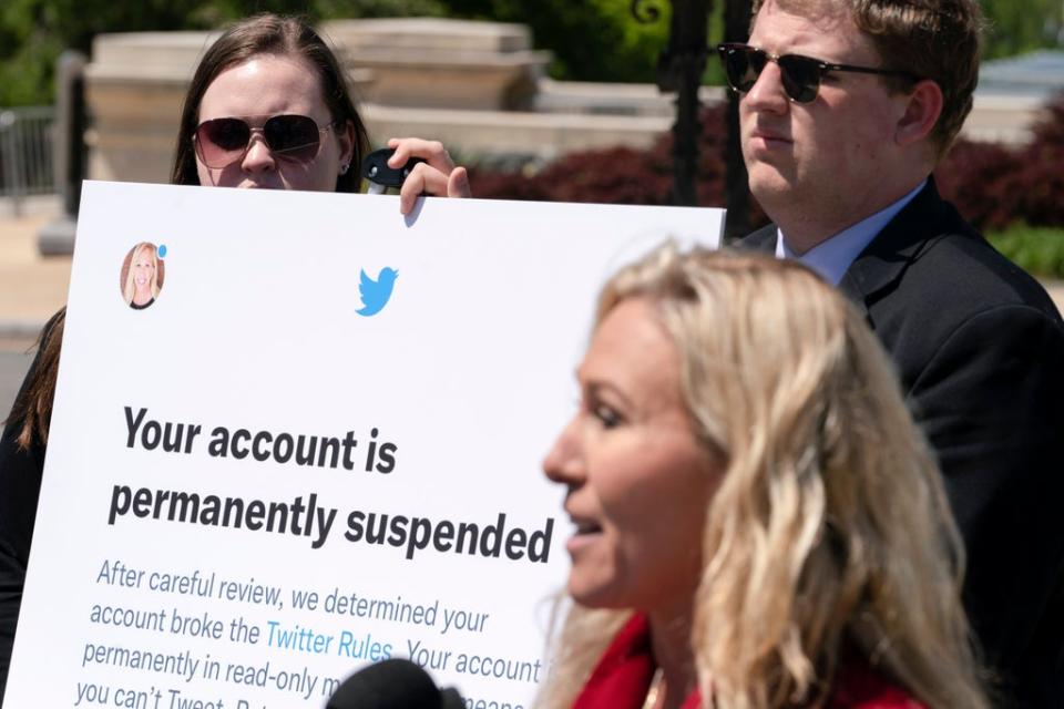 Georgia congresswoman Marjorie Taylor Greene’s Twitter account was suspended for violating the company’s Covid-19 misinformation policies. She has continued to post from her congressional account and on platforms like Telegram and Truth Social. (AP)