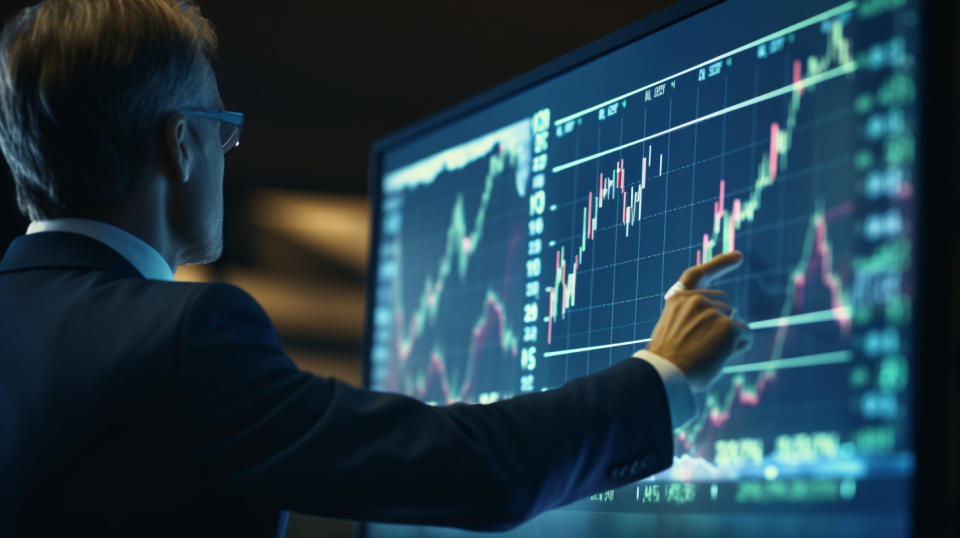 A close-up of an investor pointing to a chart featured on a projector, conveying a message of growth.