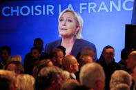 Marine Le Pen, French National Front (FN) political party candidate for French 2017 presidential election, is seen on a screen while conceding defeat at the Chalet du Lac in the Bois de Vincennes in Paris after the second round of 2017 French presidential election, France, May 7, 2017. REUTERS/Charles Platiau