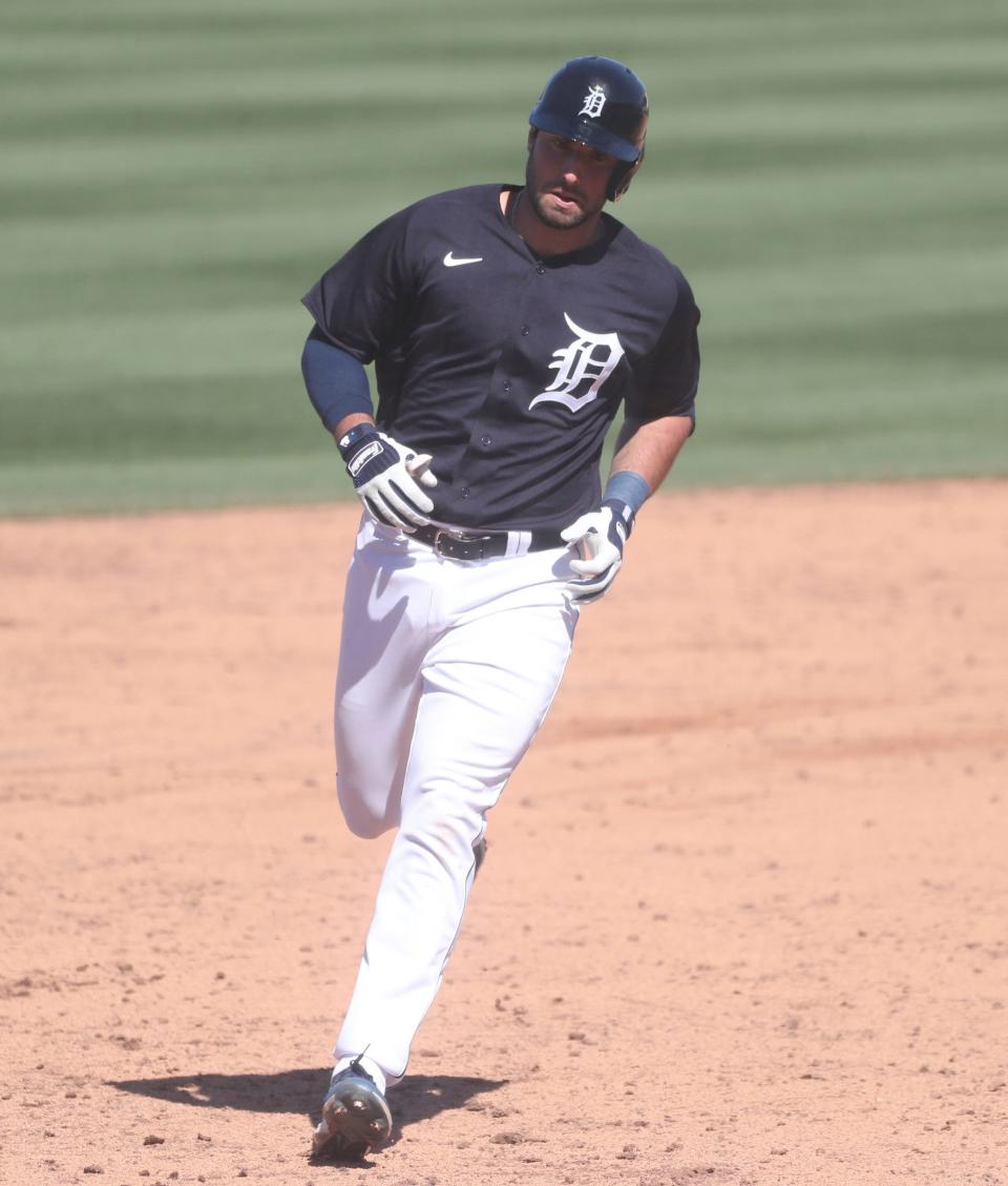 Detroit Tigers center fielder Matt Vierling (8) rounds the bases after his homer against the Baltimore Orioles during Grapefruit League action at Publix Field at Joker Marchant Stadium in Lakeland, Florida, on Sunday, Feb. 26, 2023.