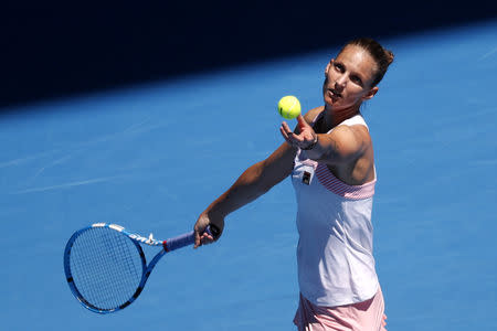 Tennis - Australian Open - Quarter-final - Melbourne Park, Melbourne, Australia, January 23, 2019. Czech Republic's Karolina Pliskova serves to Serena Williams of the U.S. REUTERS/Kim Kyung-Hoon