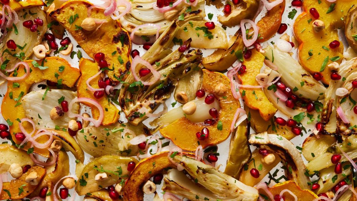 roasted fennel with delicata squash, apples, shallots, hazelnuts, pomegranate seeds, and parsley